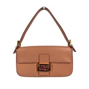 Fendi Vintage Light Pink Leather Quartz Logo Shoulder Baguette Bag